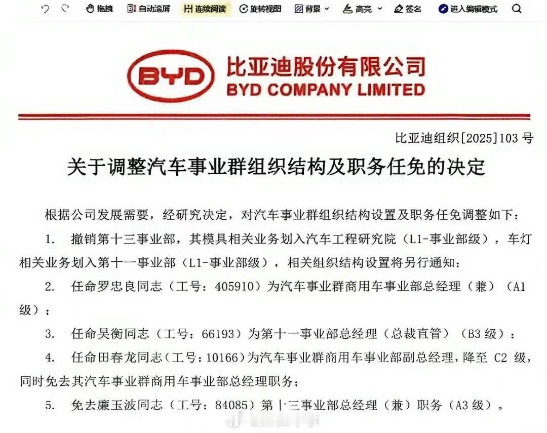 比亚迪组织架构大调整，撤销第十三事业部，新任命一批事业群（部）总经理。 