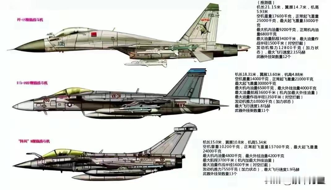中国歼15、美国FA18、法国阵风，世界三大舰载机家族。
其中，歼15的体积尺寸
