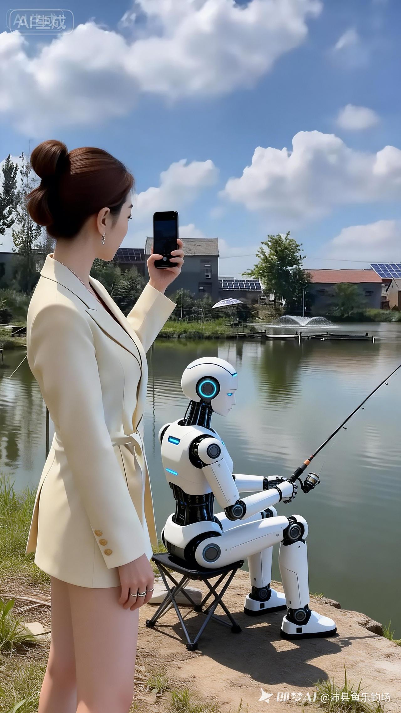 在湖边享受宁静时光，与机器人一起钓鱼，感受未来科技的魅力！🌿🎣🤖