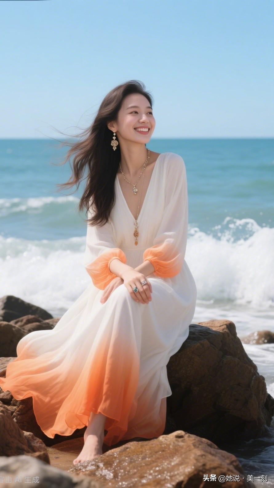 海边漫步，轻纱飘逸，笑靥如花，岁月静好。晒出美丽身影