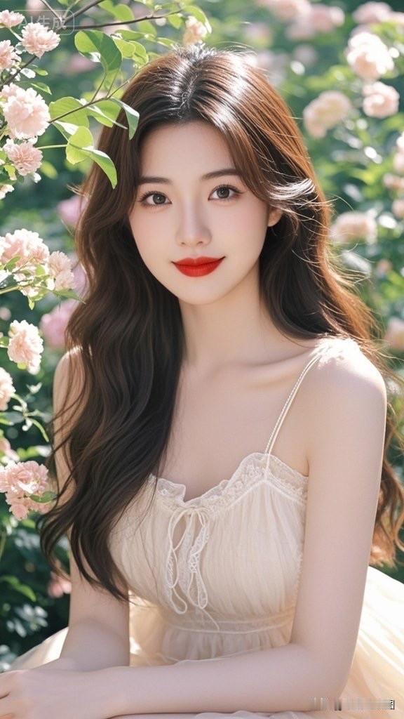 夏日花海中的甜美少女，红唇与长发相映成趣，仿佛童话中的公主。