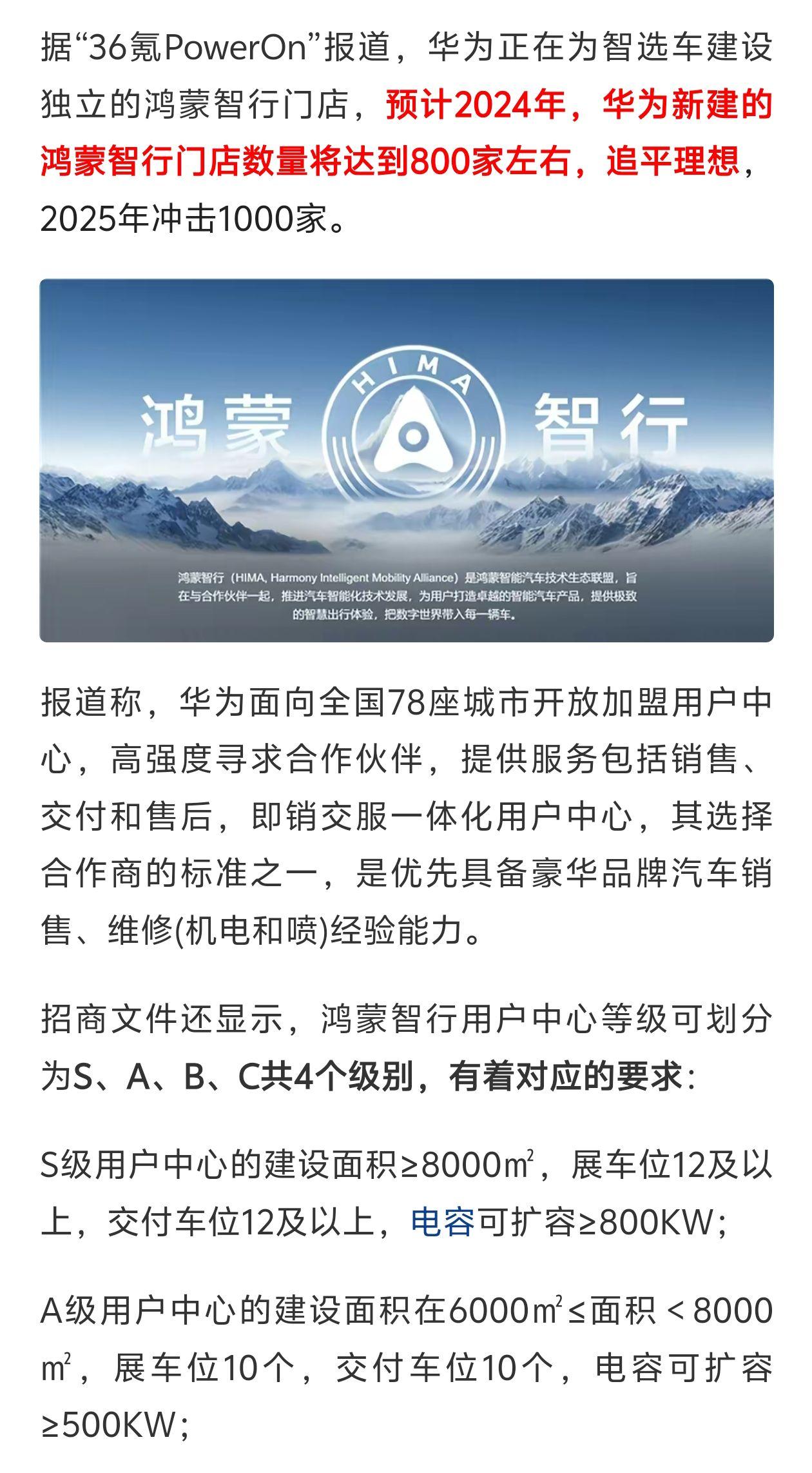 网传华为鸿蒙智行将建独立门店，2024年预计开设800家。
这事儿我觉得就是意料