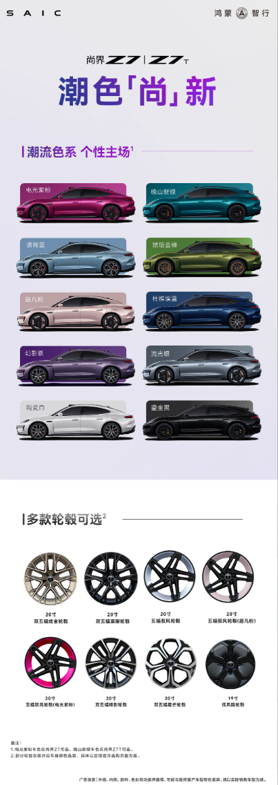 尚界Z7十款车色全部亮相，还有搭配的几套轮毂也展示出来了。一眼就能挑出最好看的搭