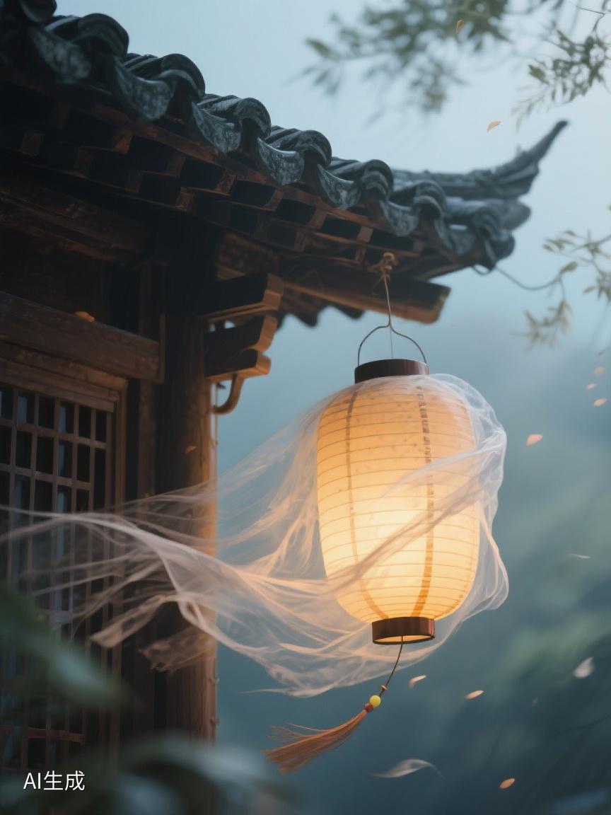 AI妙生图古檐下，轻纱飘绕的灯笼摇曳，似时光的低语，在朦胧中诉说岁月的静美✨