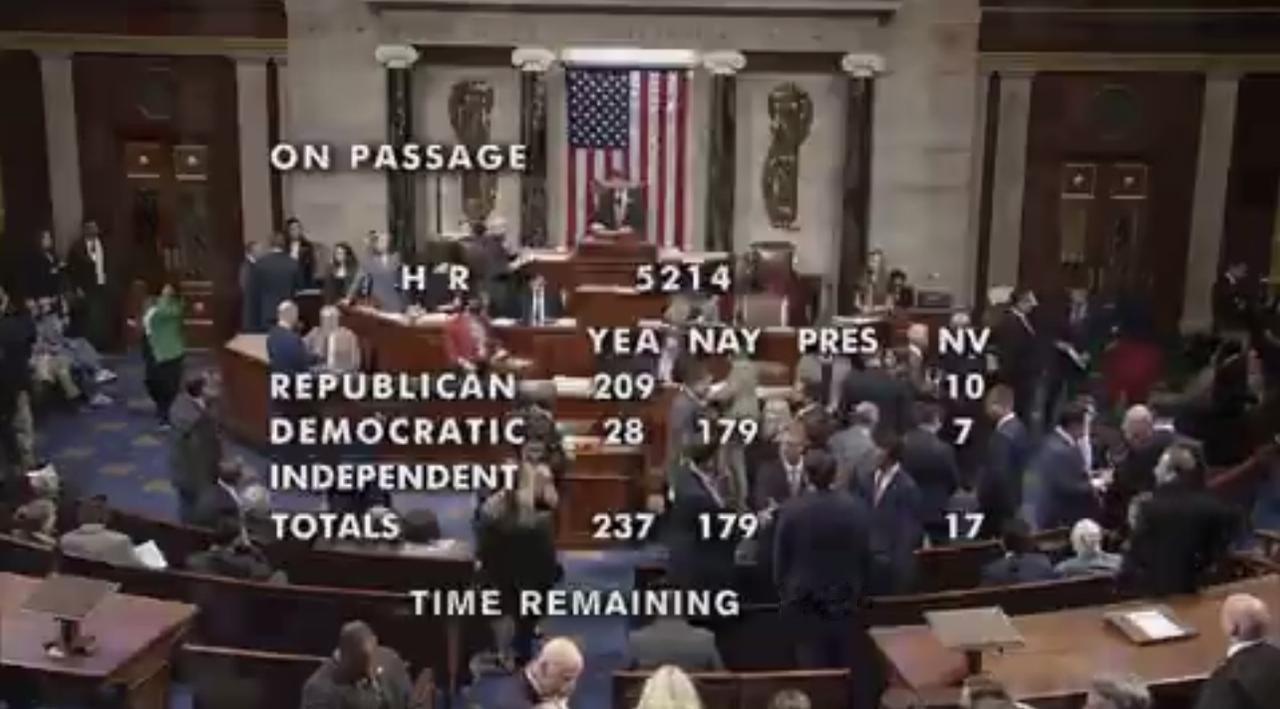 美国众议院刚刚投票通过一项法案，投票结果237-179，28个民主党人和所有共和