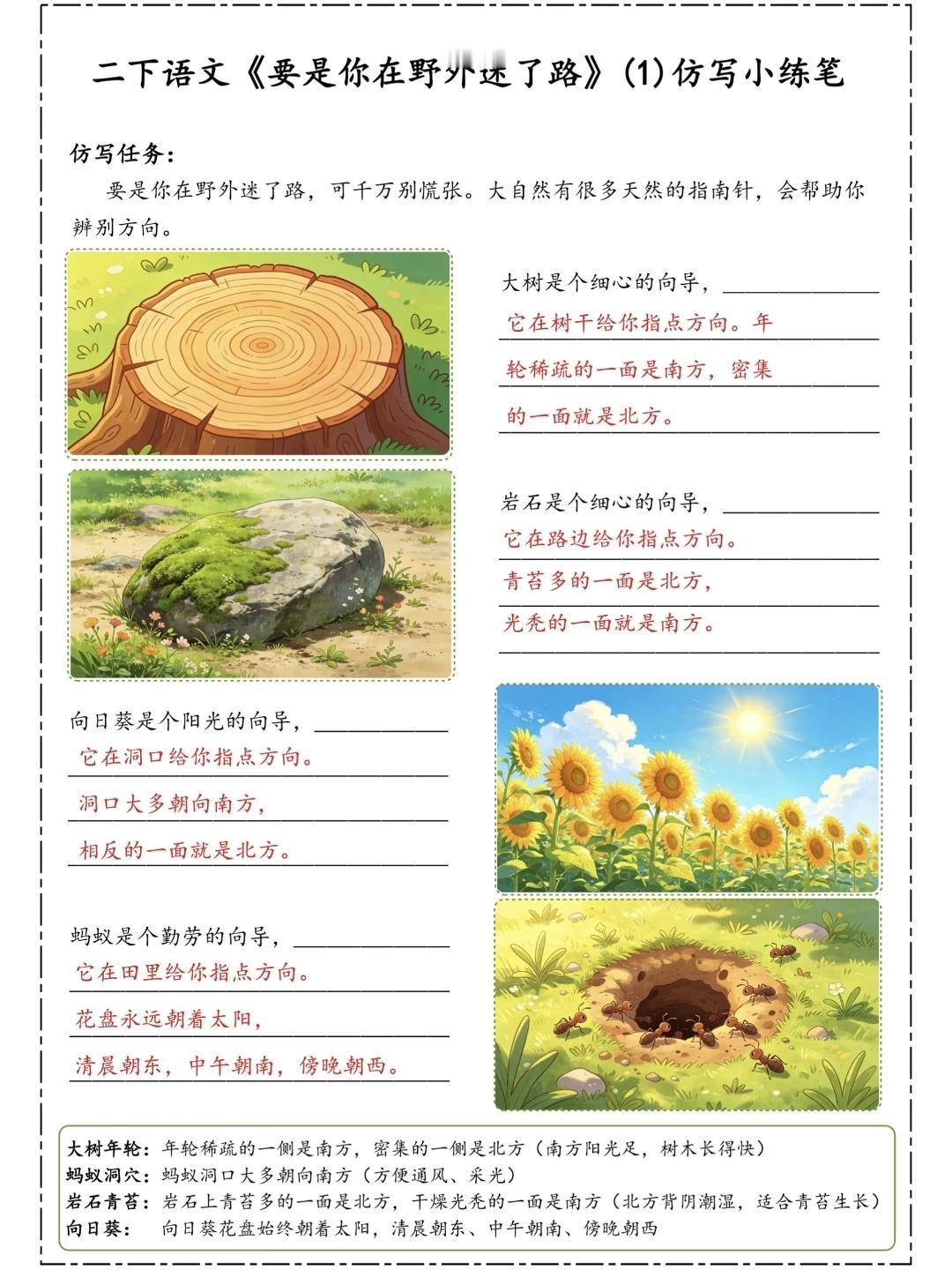 二年级语文下册，第六单元第16课《要是你在野外迷了路》仿写小练笔，收藏参考学习二