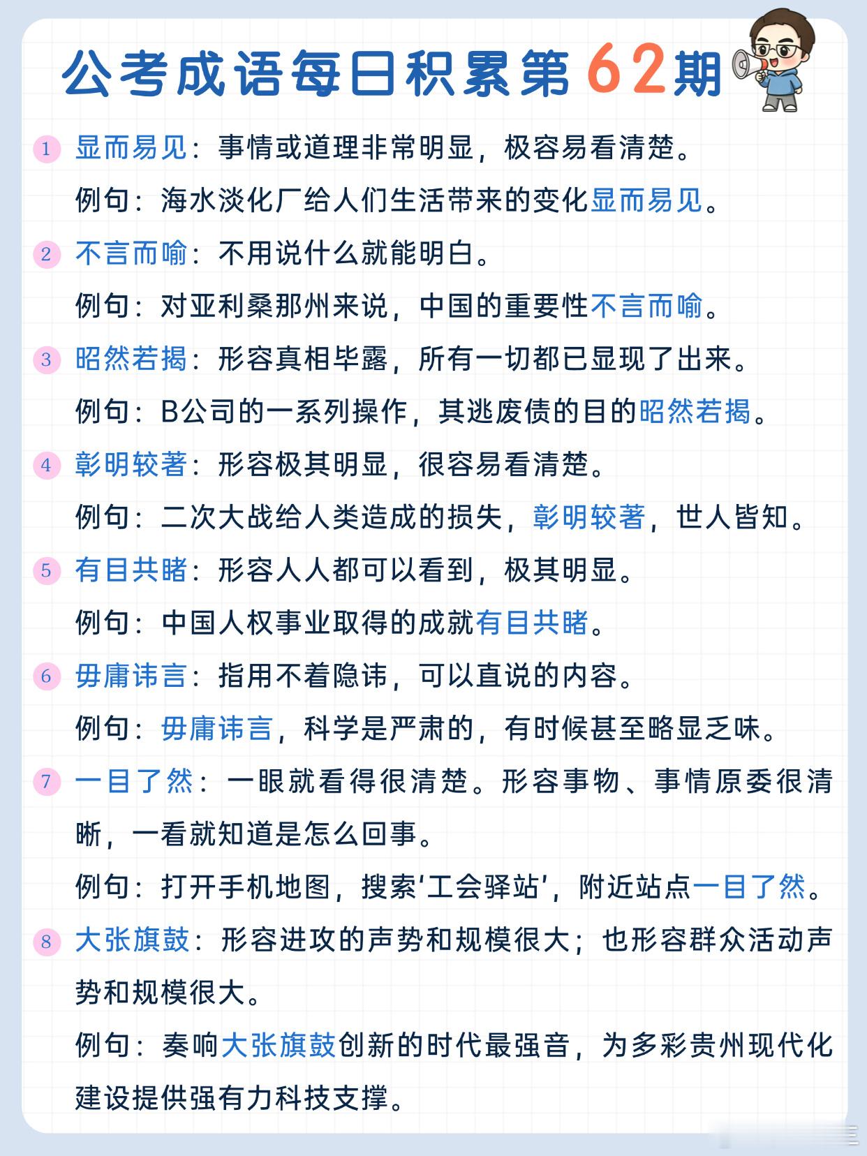 公考成语每日积累第62期显而易见 不言而喻 昭然若揭 彰明较著有目共睹 毋庸讳言