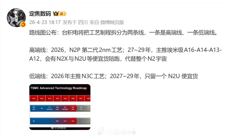 按照一些喷华为韬定律的人的话术，对照台积电路线图，也是可以找角度的，调侃一下：台
