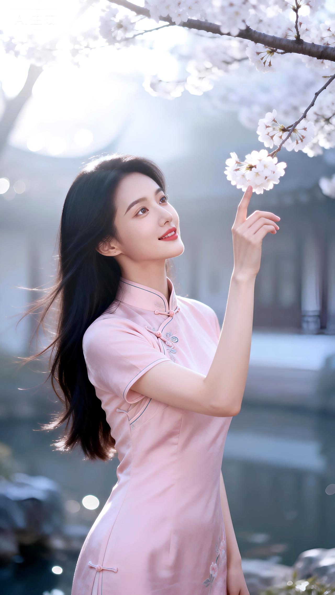 樱雨拂晨光，佳人立画中央，一指轻触春意，笑意染红妆。
壁纸 写真 女神