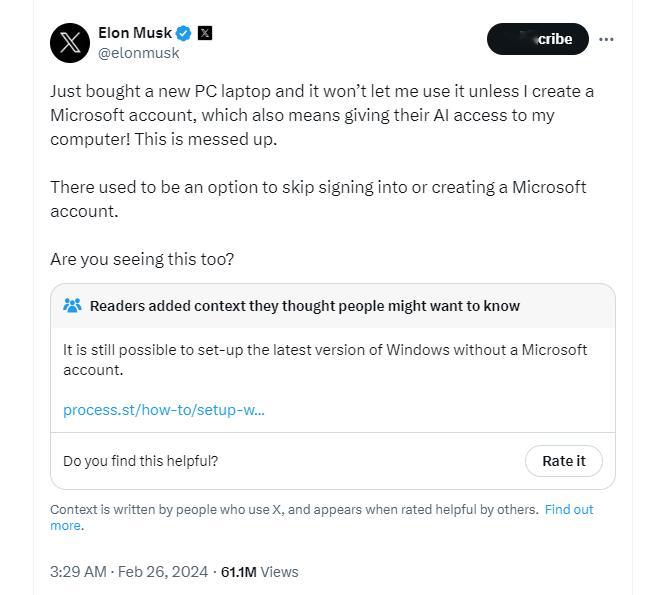 因为在设置 Windows 时需要使用微软账号登录，Elon Musk 在 X 