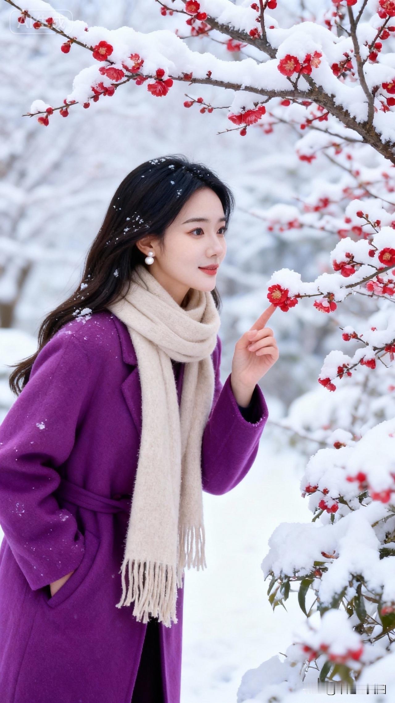 冬日雪景中的温柔少女，紫色大衣与白色围巾相得益彰，宛如童话中的公主。