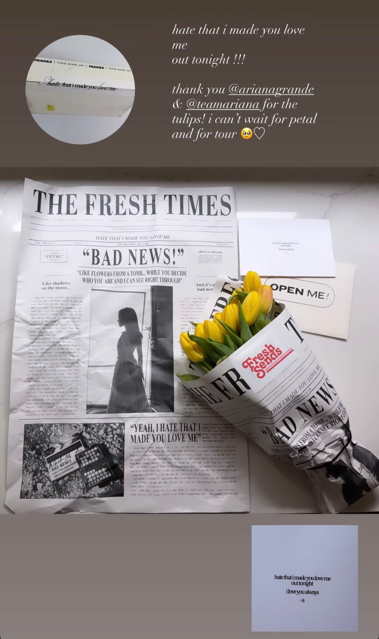 ArianaGrande  Ari更新新单预告图两枚同时给部分粉丝送去了花朵进行