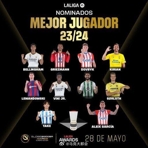 格列兹曼和西蒙尼分别入围西甲最佳球员和西甲最佳教练提名，孟菲斯-德佩对格拉纳达的