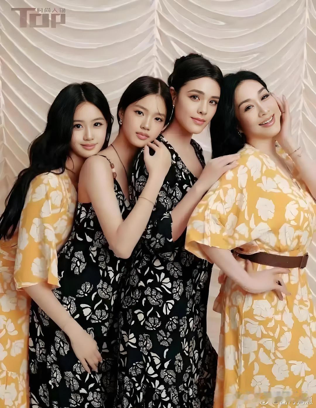 钟丽缇带着三个女儿一同拍摄杂志大片，母女四人各有韵味，颜值风格各不相同，强大的家