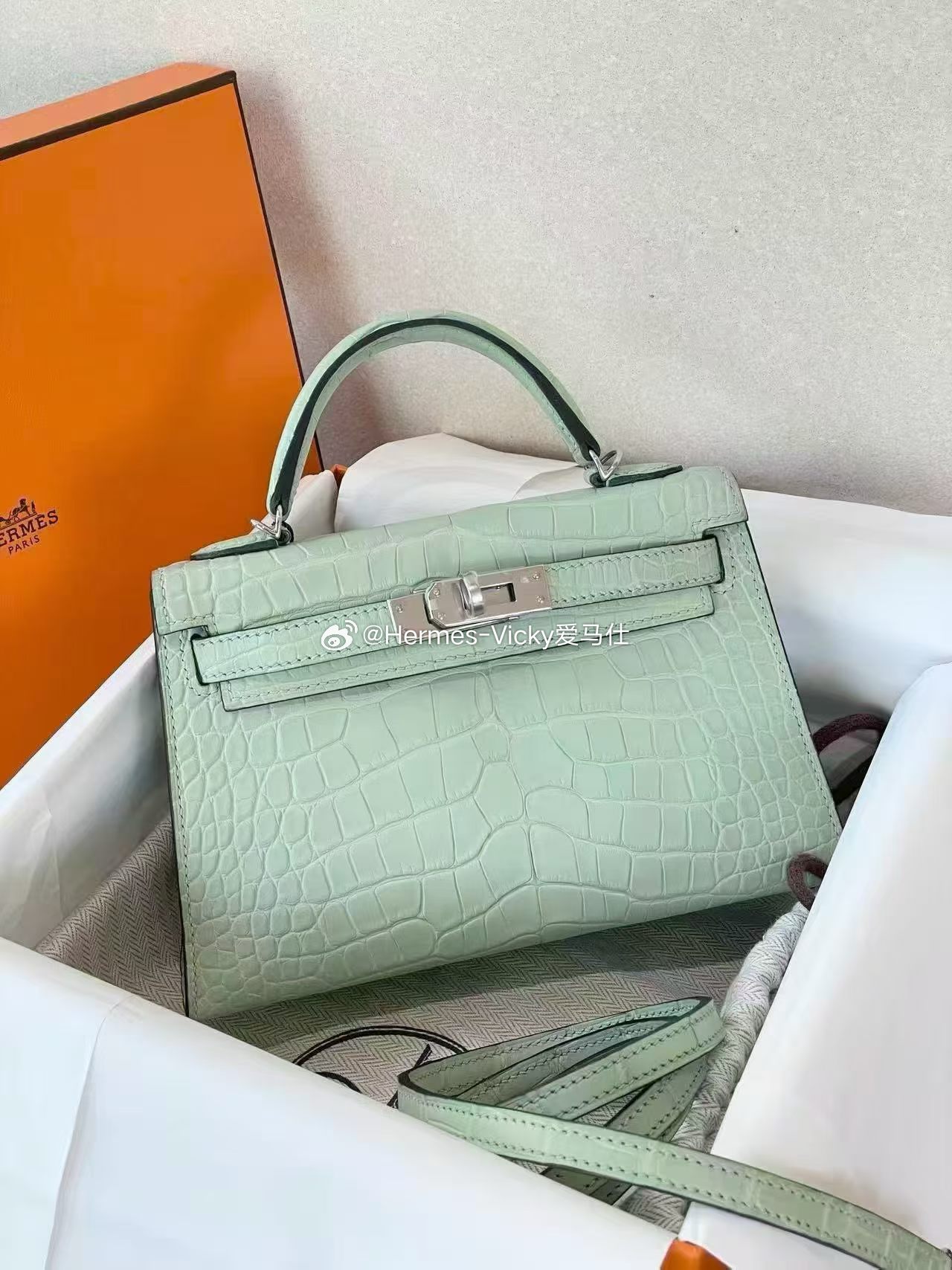 爱马仕mini Kelly二代 6U薄荷绿 银扣雾面鳄鱼🐊 