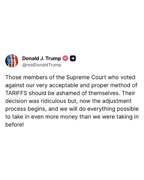 特朗普猛烈抨击以6比3的投票结果反对其关税政策的最高法院大法官——称他绝不退缩