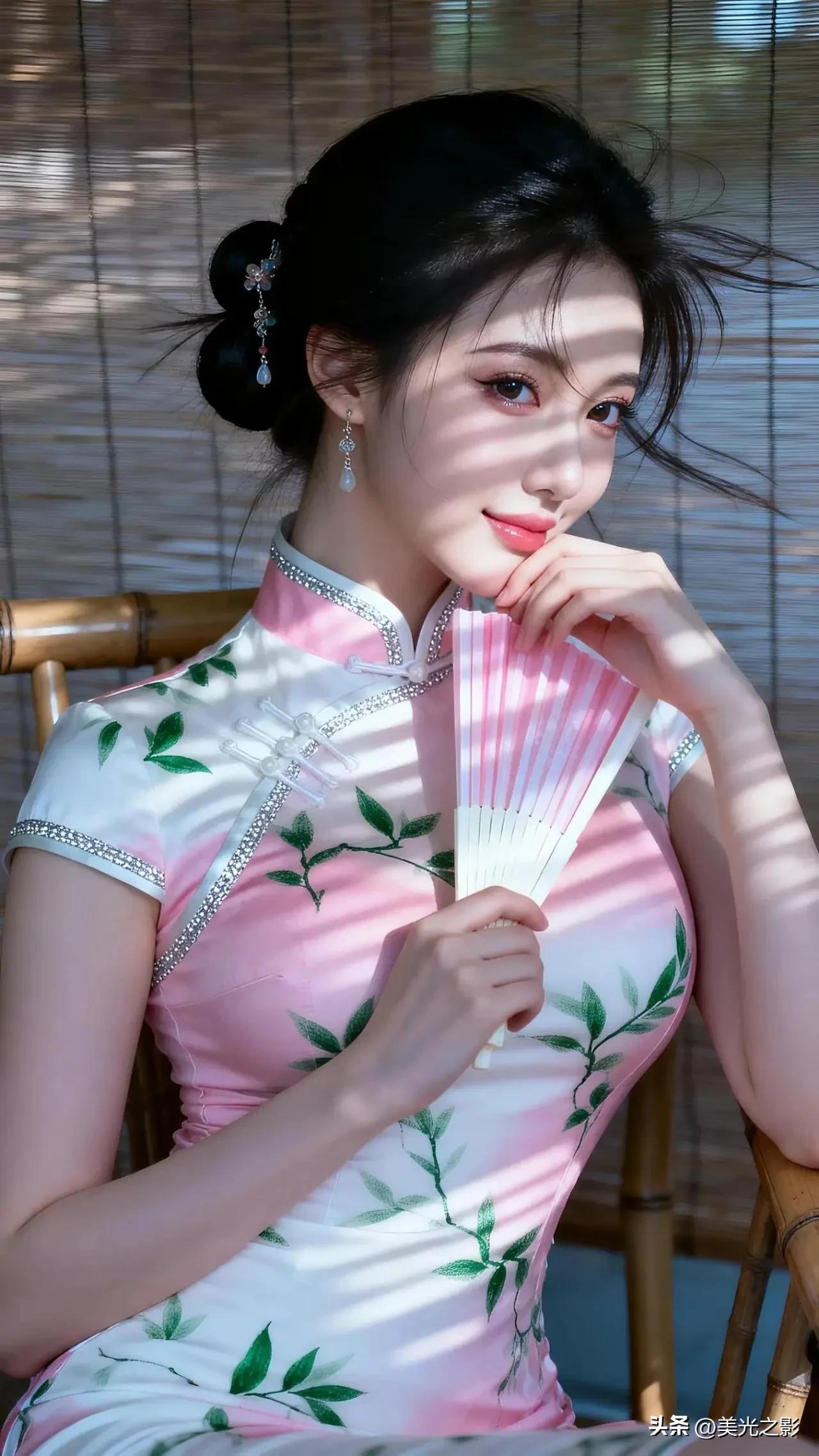光之影&AI
古典优雅，粉绿相间旗袍，竹影婆娑间，尽显东方韵味。
山水风旗袍照 