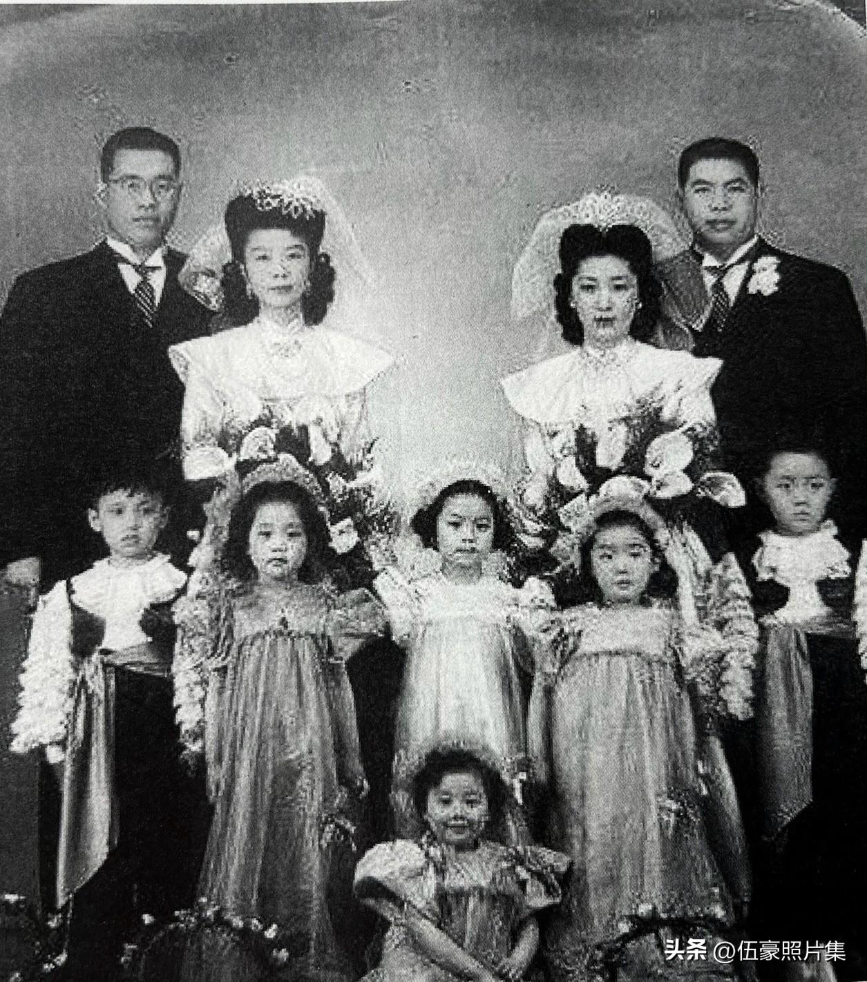 1946年3月16日，青帮大佬杜月笙的五子杜维翰（右1）与严仁芸（右2）、六子杜