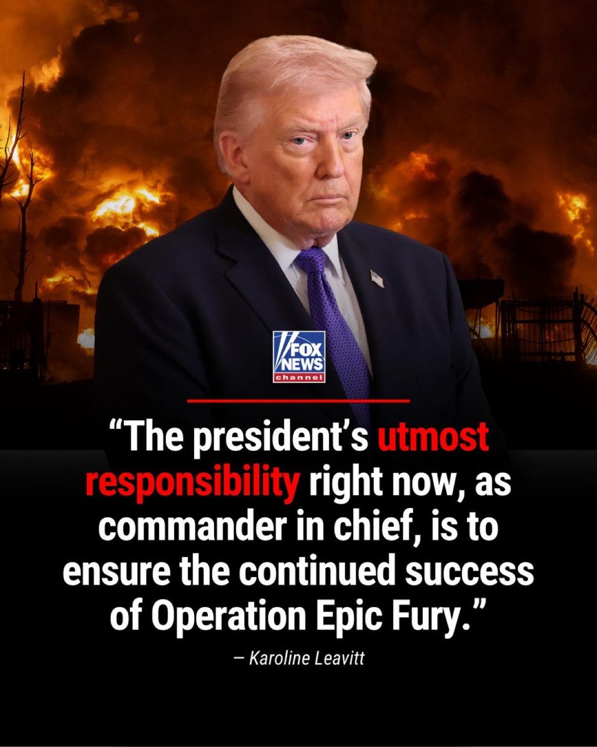 白宫新闻秘书卡罗琳·莱维特证实，随着“史诗狂怒行动”进入第三周，特朗普总统可能会