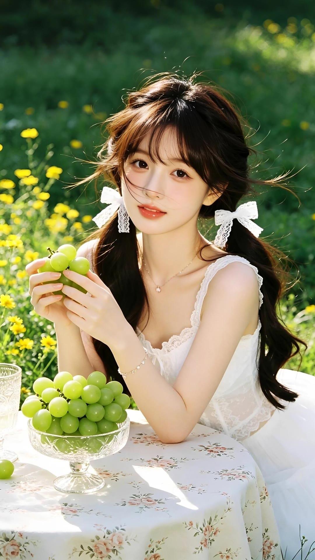 夏日清新少女，葡萄与花田的浪漫邂逅🌸🍇