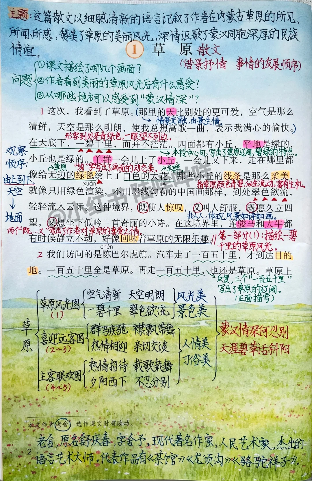 六上语文第1课《草原》课堂笔记及课后习题