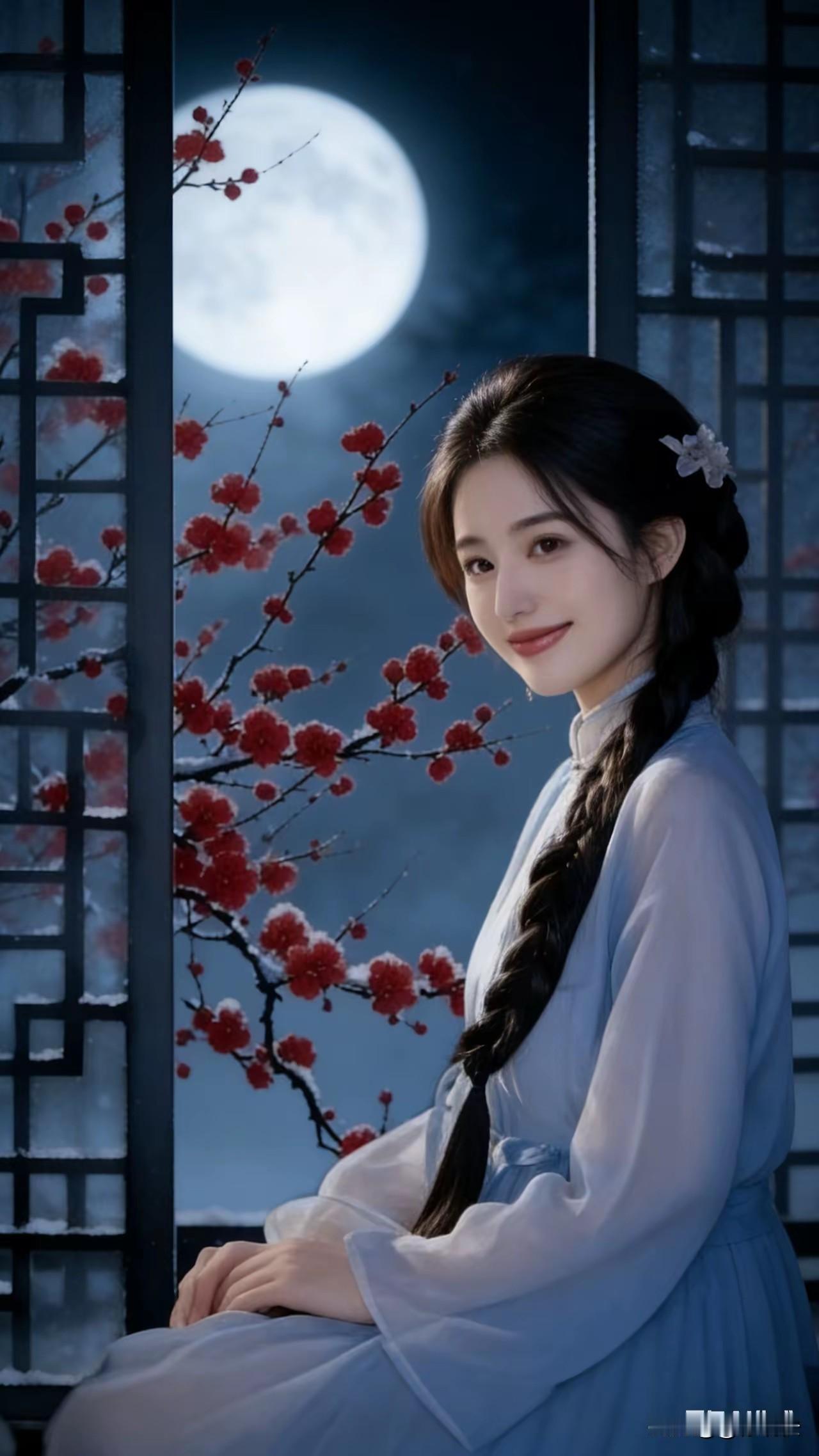 一轮晓月夜朦胧，
半窗疏影绘丹青。
呵手敲诗琢雅句，
华光似水心澄明。