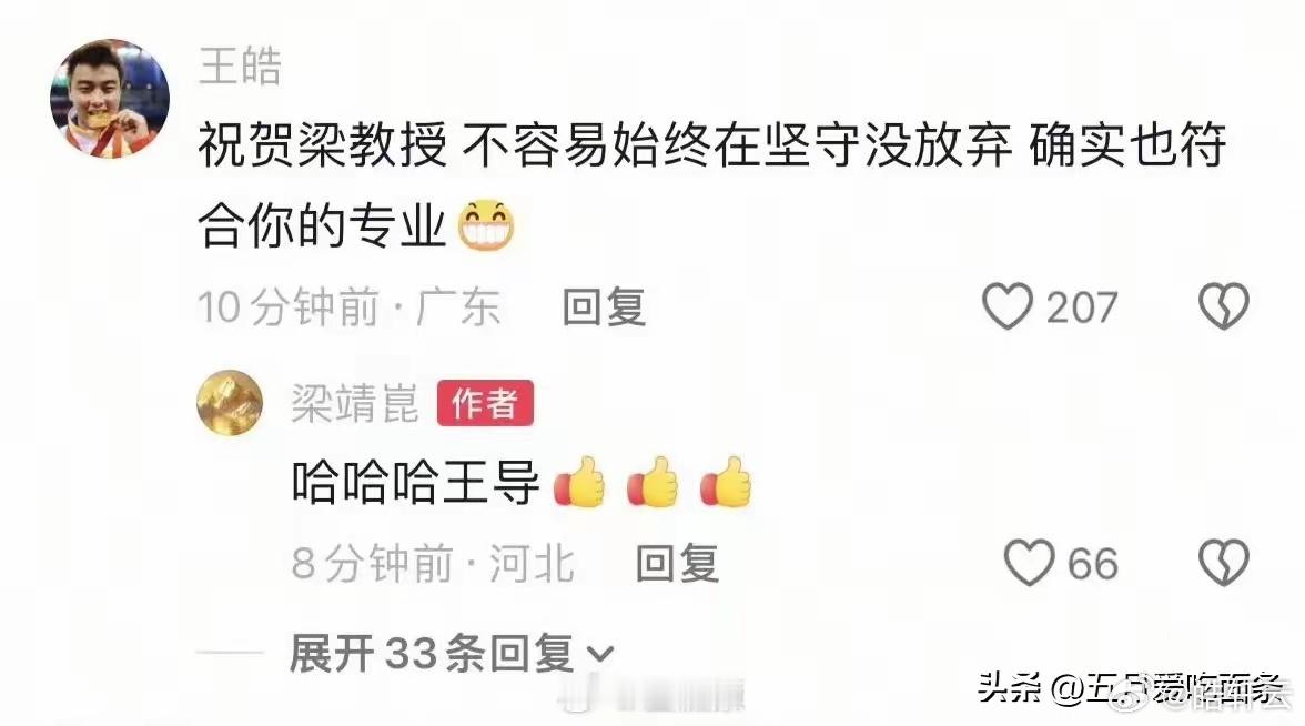 王皓喊梁靖崑梁教授王皓调侃梁靖崑，喊他梁教授，还说球打得符合他的专业，估计说的是