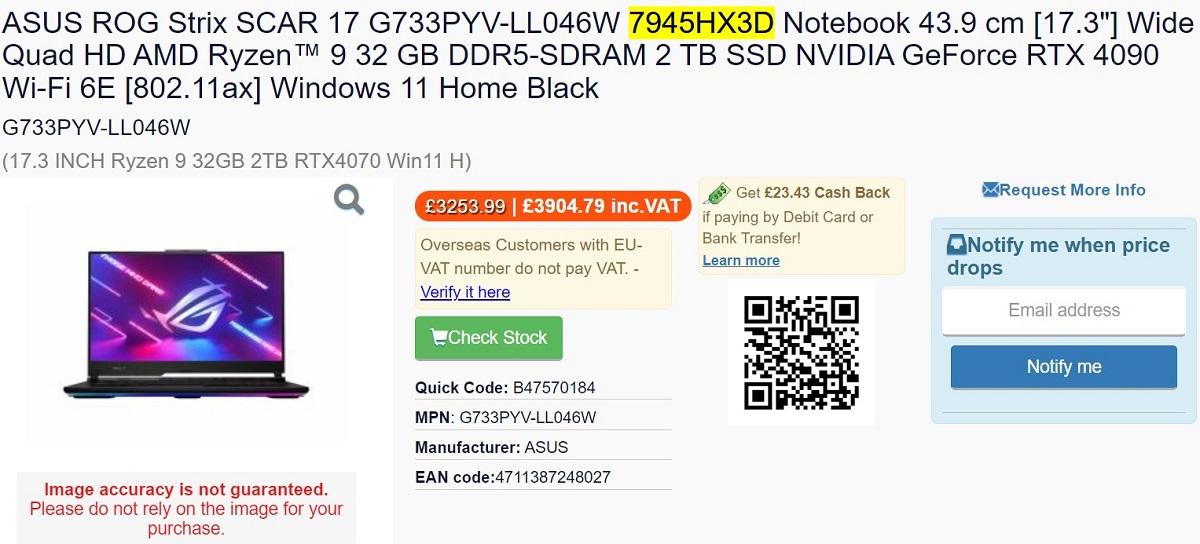 【搭载R9 7945HX3D的ROG笔记本曝光】近日，有网友发现搭载Ryzen 