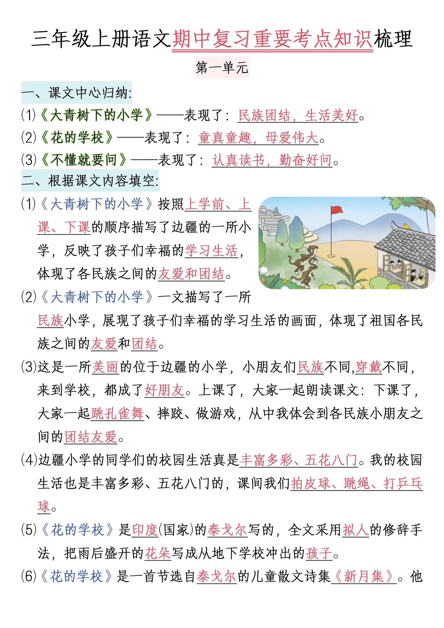 三年级上册语文期中复习重要知识点梳理🔥。涵盖了1-8单元课内的重要考...