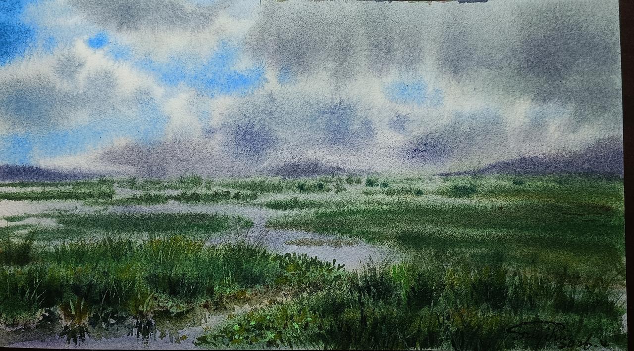 分享你的绘画作品手边有张之前裁过的废纸，画一幅若盖尔草原吧，出来效果还不错怡华手