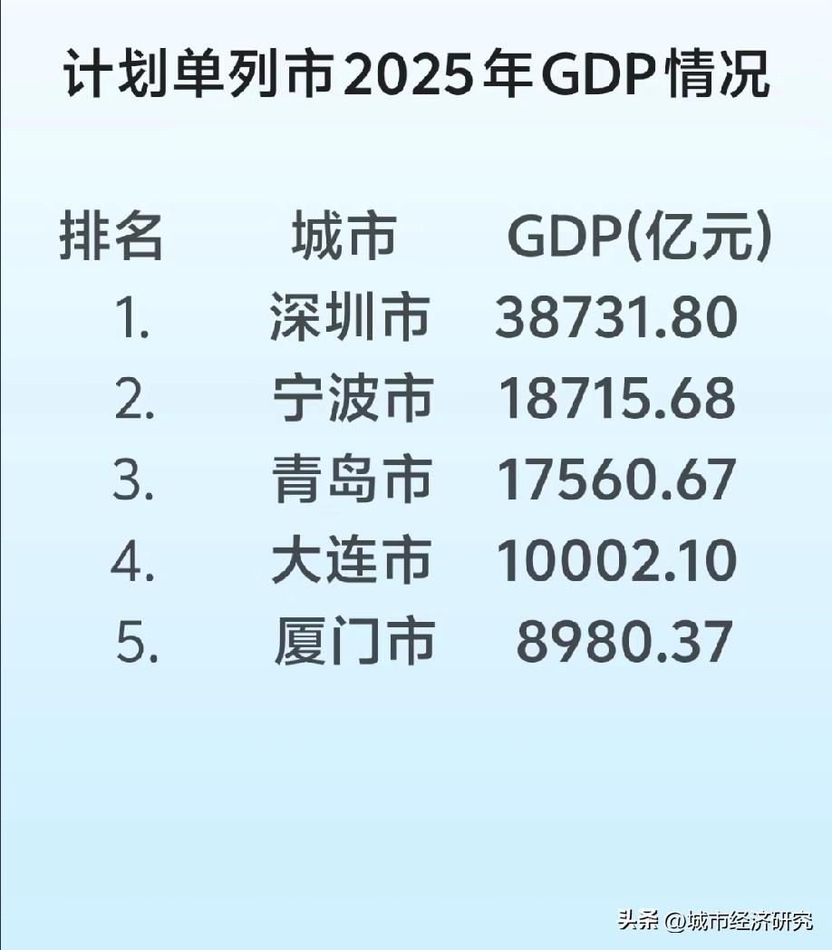 2025年五大计划单列市GDP数据水平情况，图片里属于2025年五大计划单列市深