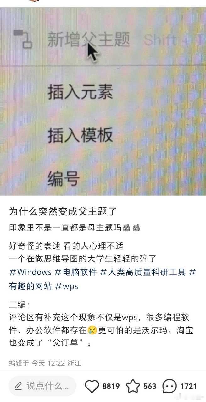 投：wps把 母主题 改成了 父主题[汗] 