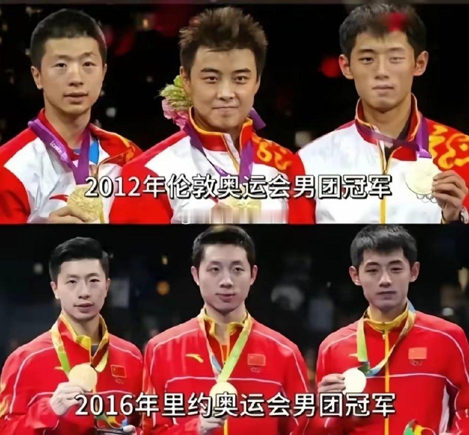 四届奥运男团冠军同框！中国乒乓的传承，看哭了。这张照片里，马龙已经满脸沧桑，樊振