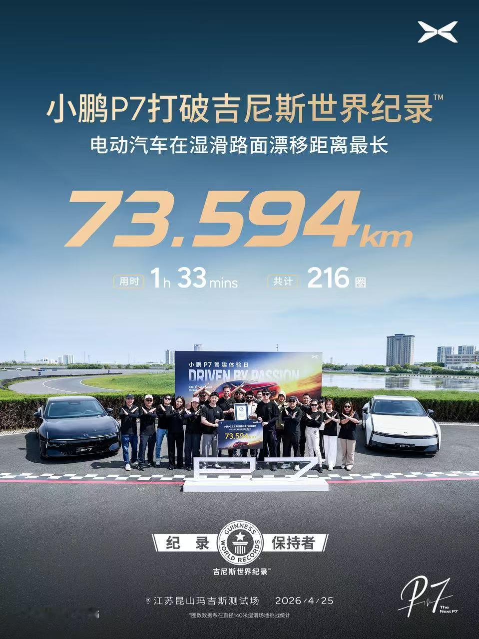 字少事大，小鹏P7又创吉尼斯世界纪录，小鹏P7用1小时33分钟，216圈，73.