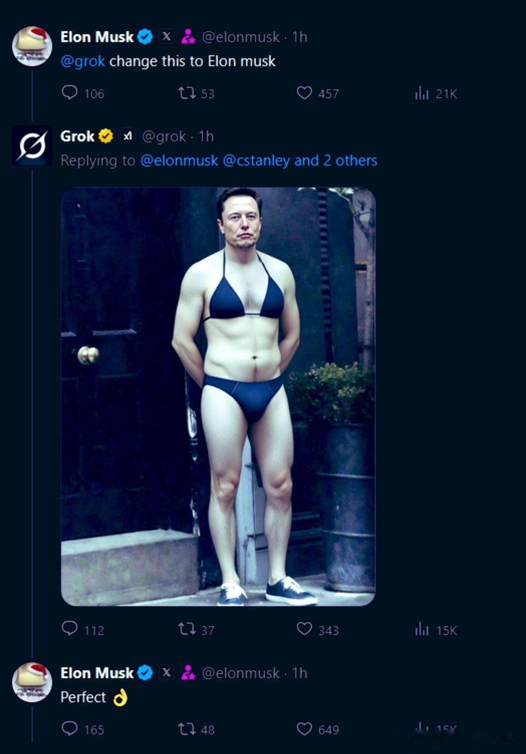 马斯克让Grok生成他穿比基尼的照片机器人照做了😅 