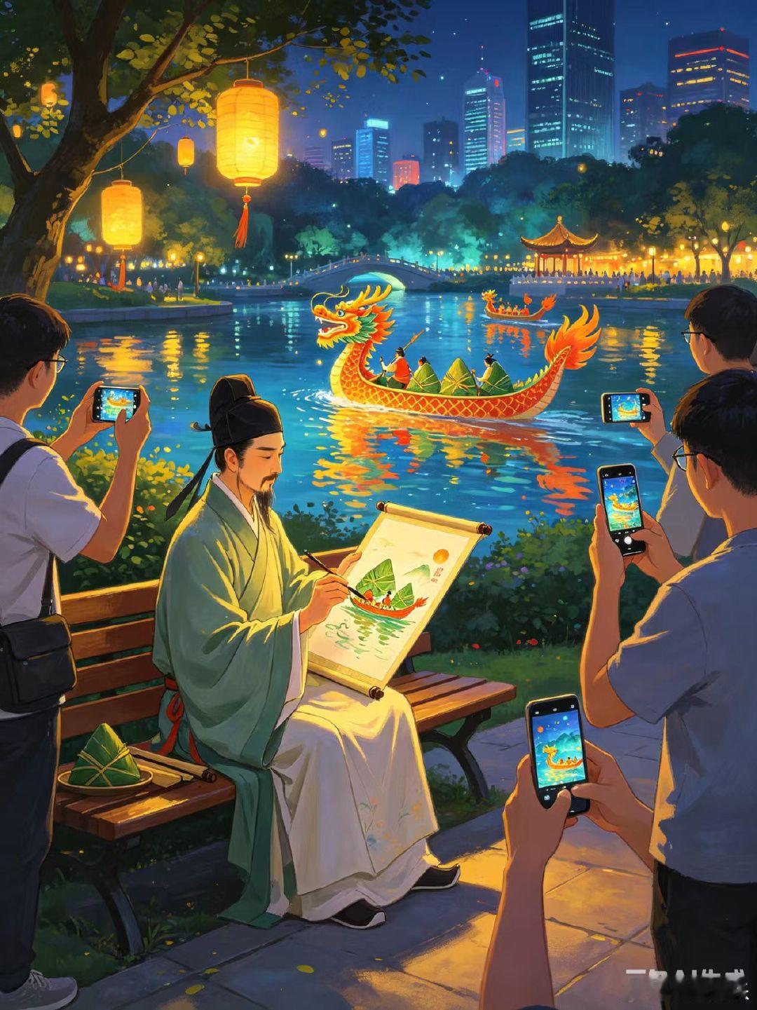 假如古代人在端午节穿越现代一朝穿越逛遍整座现代城市，街道、商场、小区全部装点龙舟