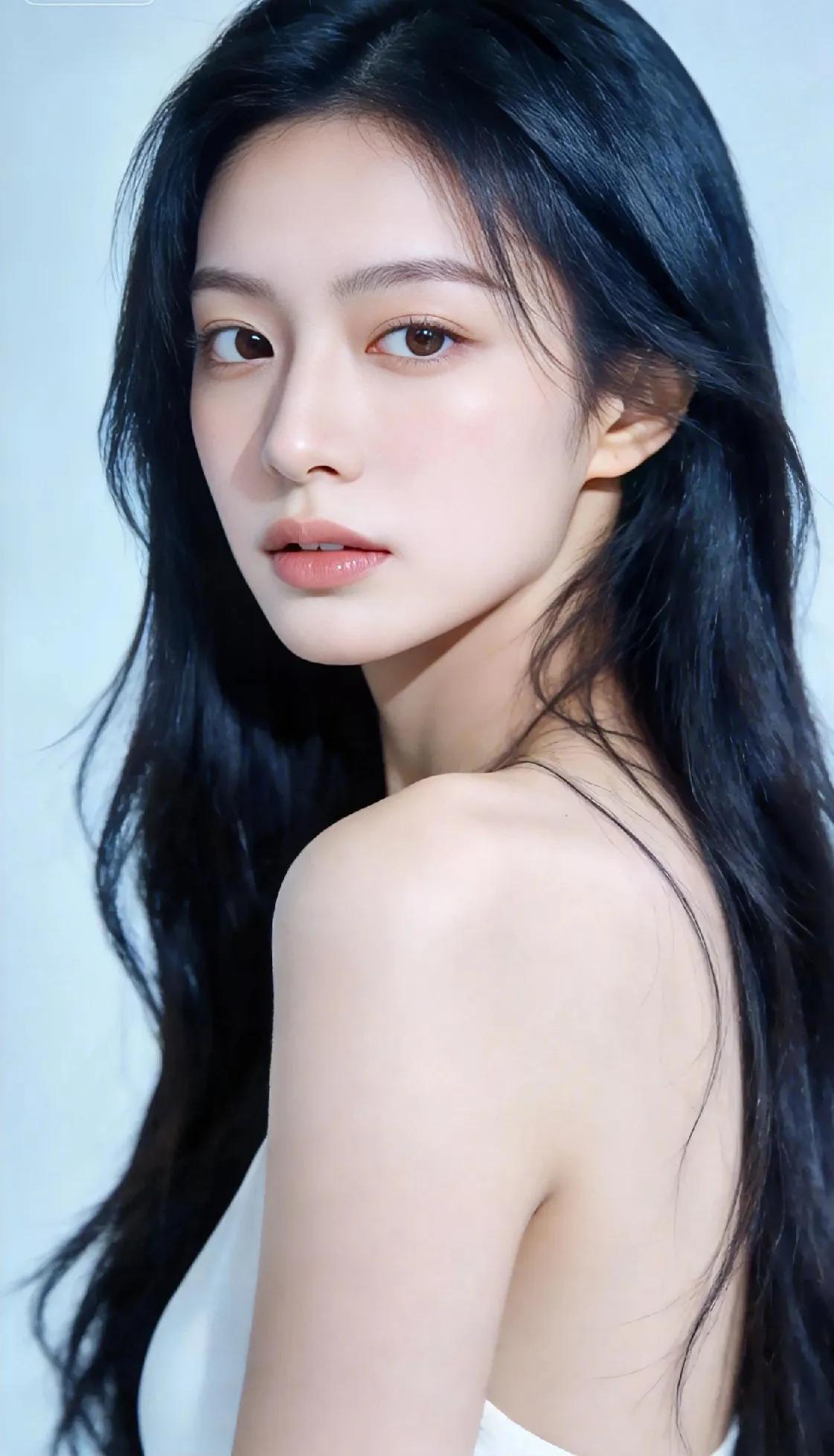 黑长发如墨般垂落肩头，浅淡光影里，肌肤透着细腻的瓷白感。眉眼干净舒展，唇色温柔缱