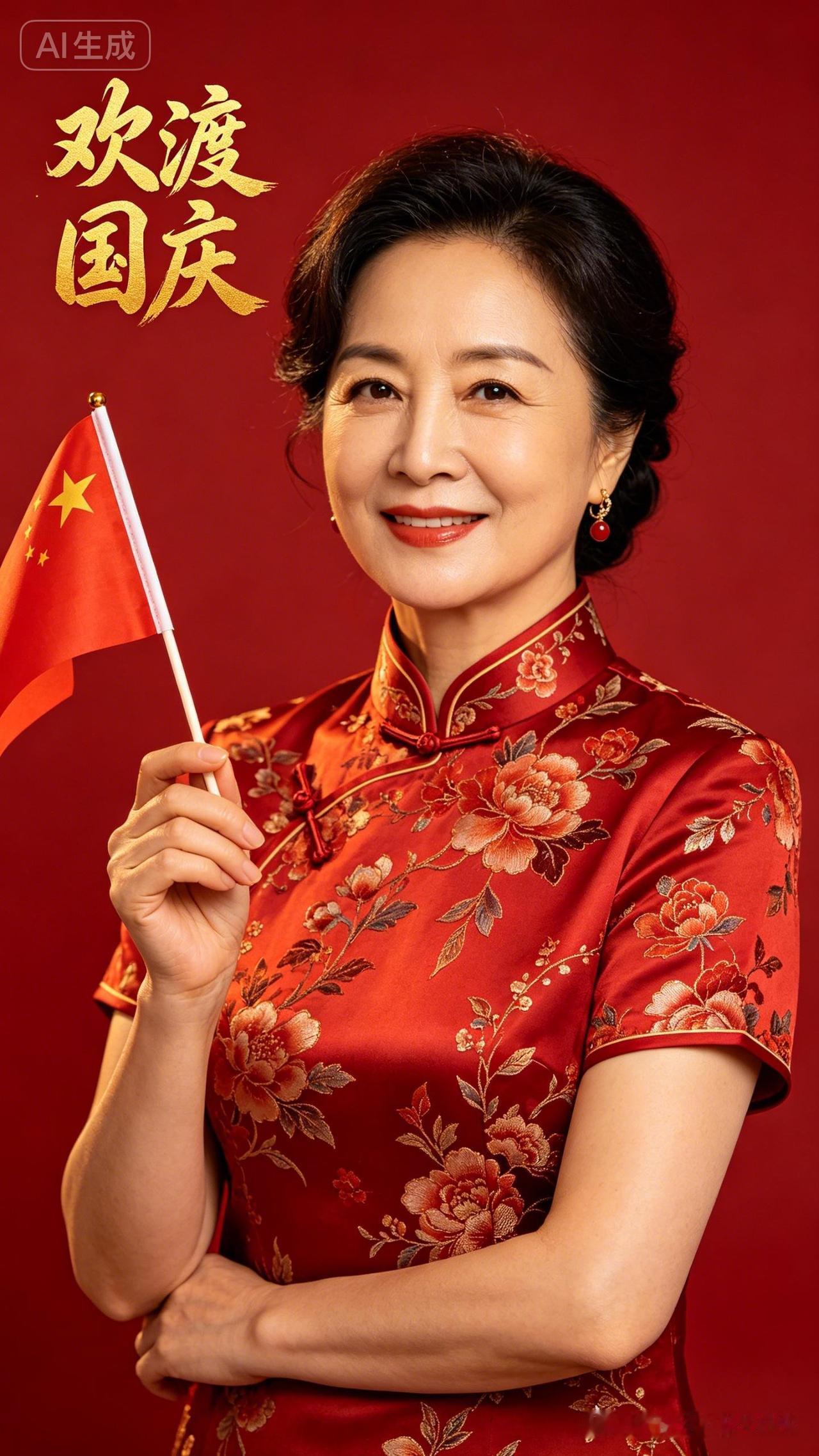 穿着旗袍的女士手拿国旗微笑。