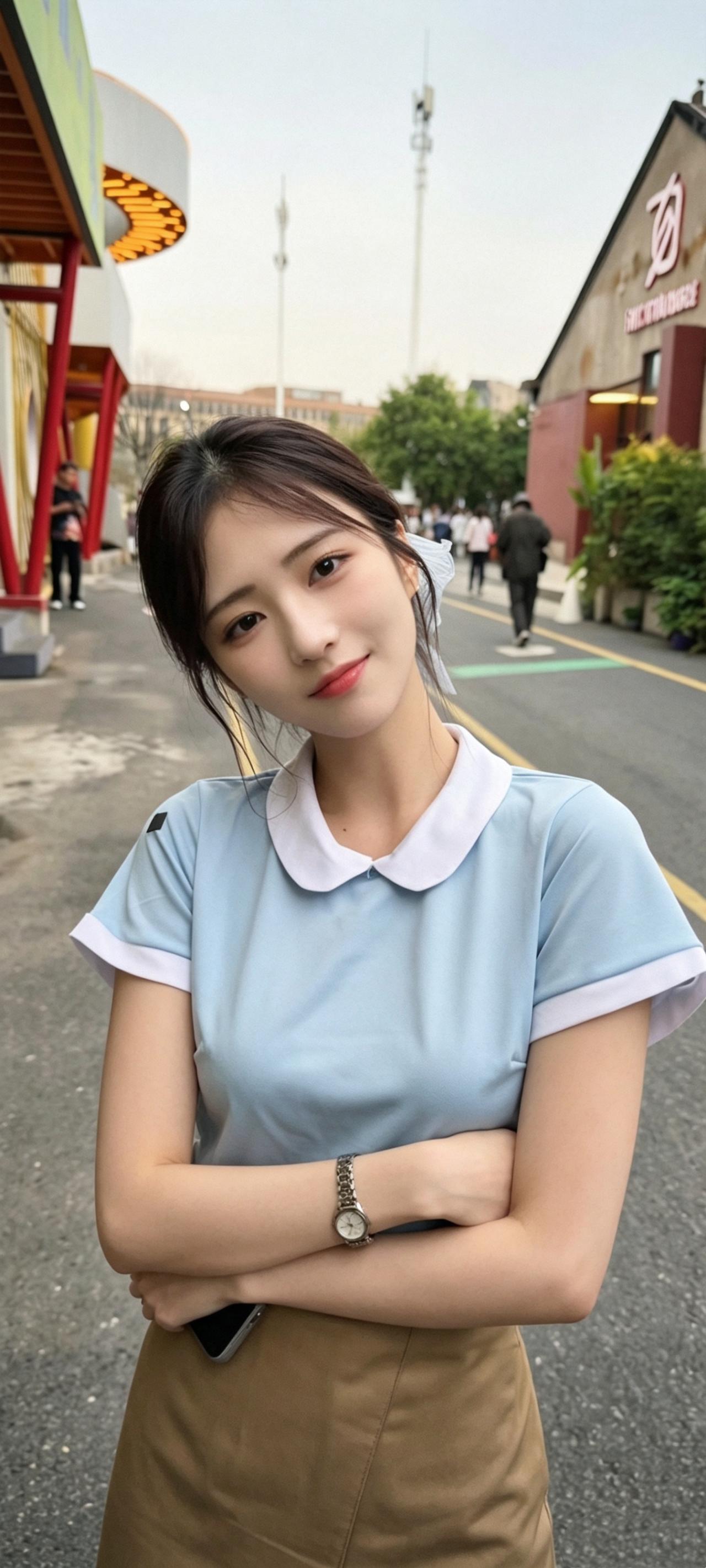 温柔时刻｜街角的心动瞬间
简约街景自带松弛感，蓝白上衣衬得肌肤通透白皙，娃娃领增