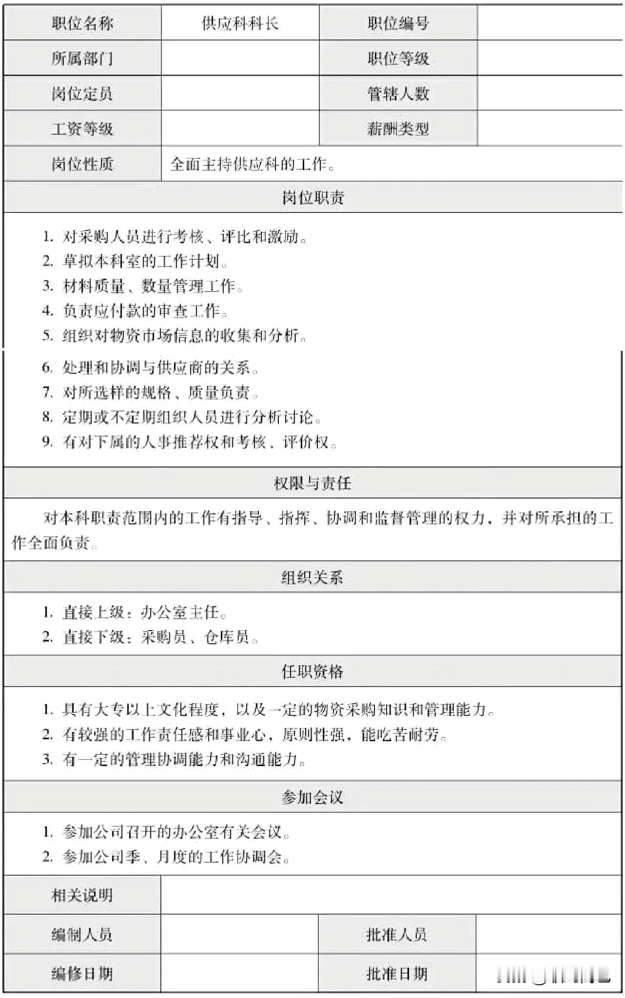 供应科科长岗位说明书