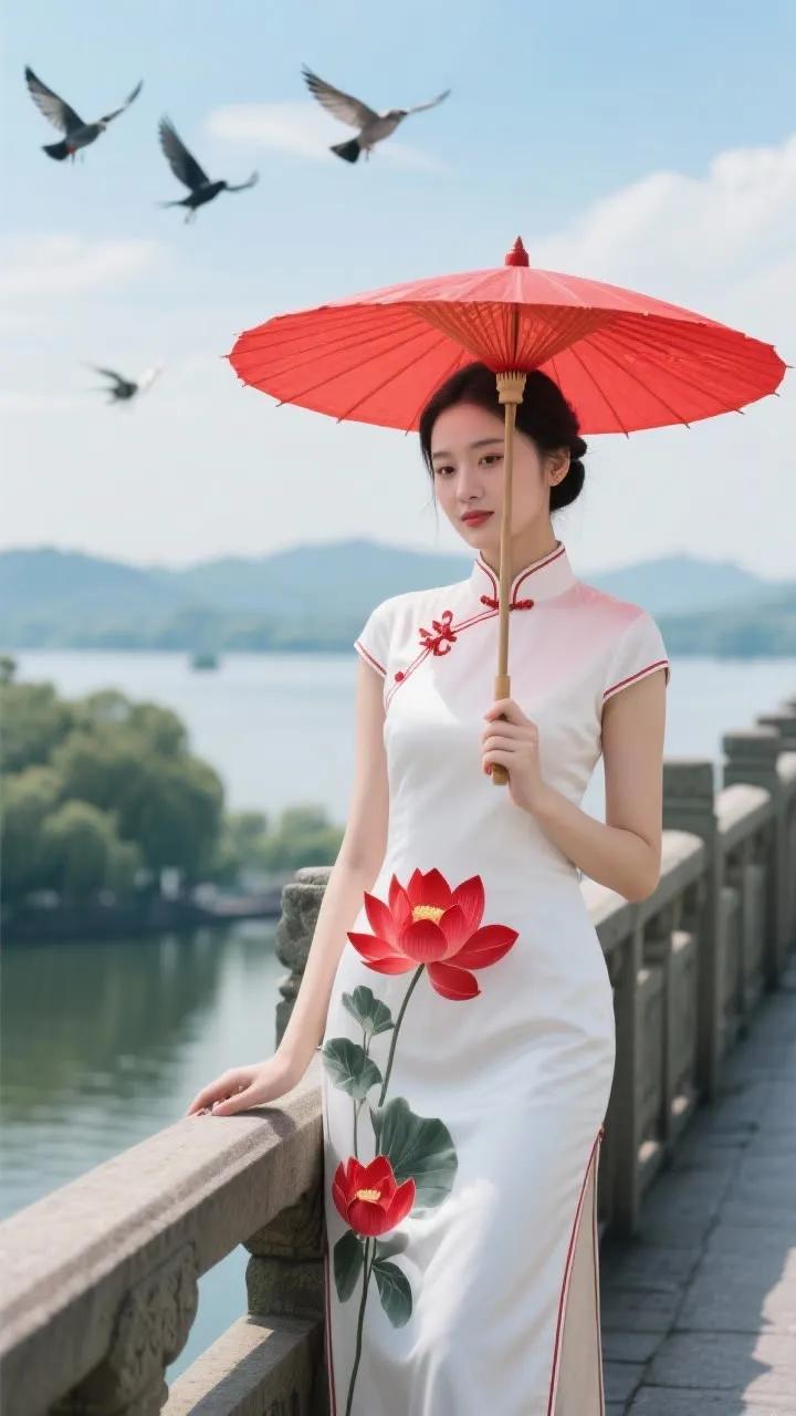 古典旗袍与红伞相映成趣，湖畔漫步，感受东方韵味。