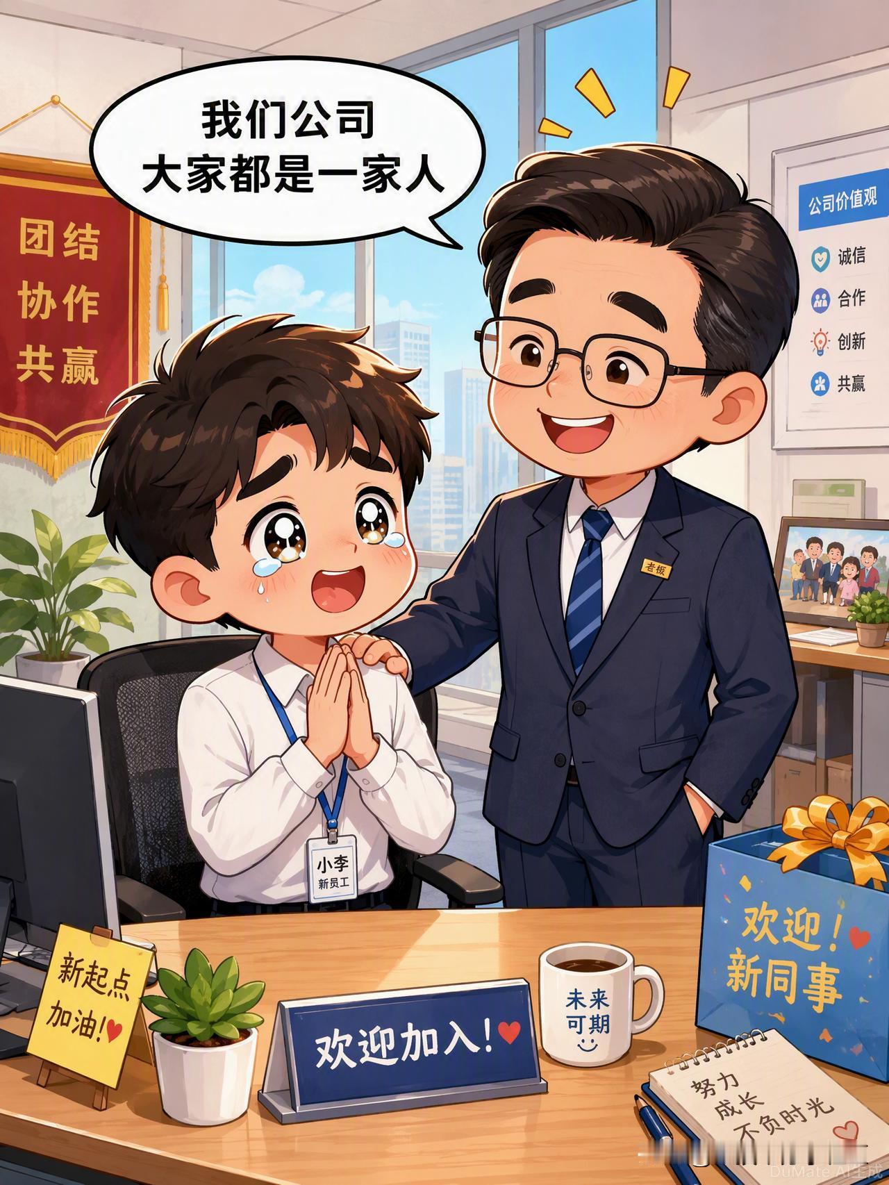 小李第一天上班，老板语重心长地说："在我们公司，大家都是一家人。"小李感动得热泪