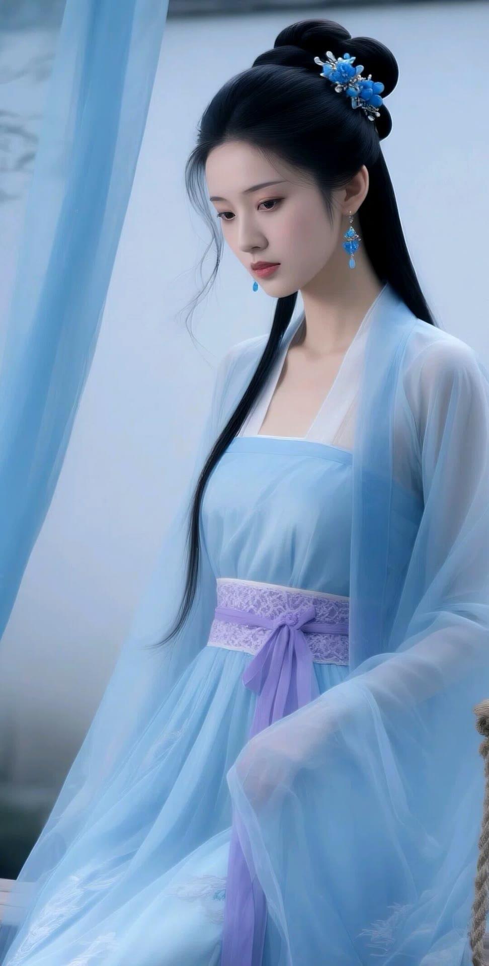 古风少女，蓝衣飘飘，宛如仙子降临