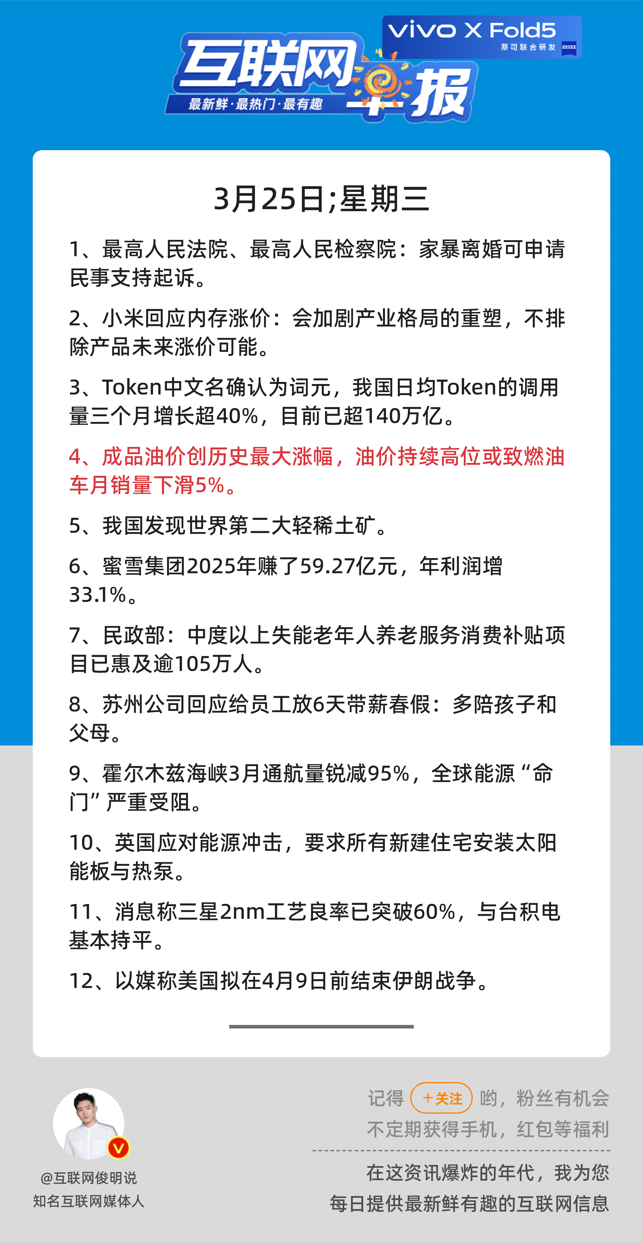 3月25日，星期三，《第3088期》；互联网早报，众览天下事关心第4条：成品油价