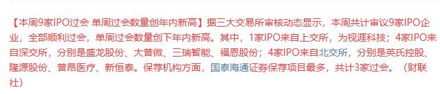 IPO提速！本周过会9家，年内新高，4000点的A股，IPO从几乎暂停，缓慢恢复