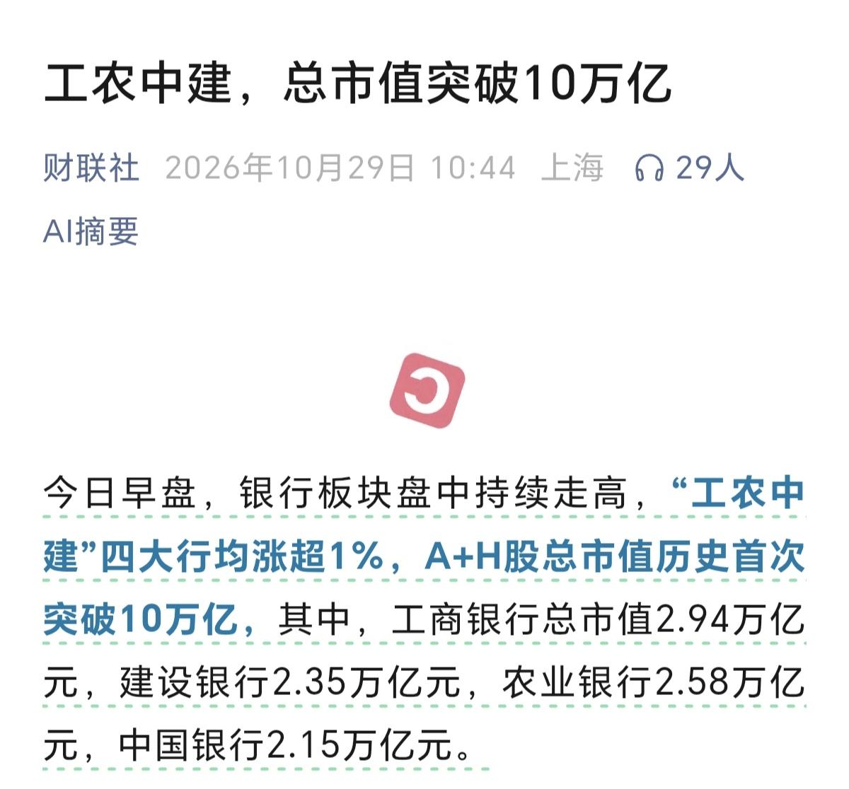直到今天，工农中建，总市值突破10万亿，才突然明白，金融强国含义。
靠的市值，是