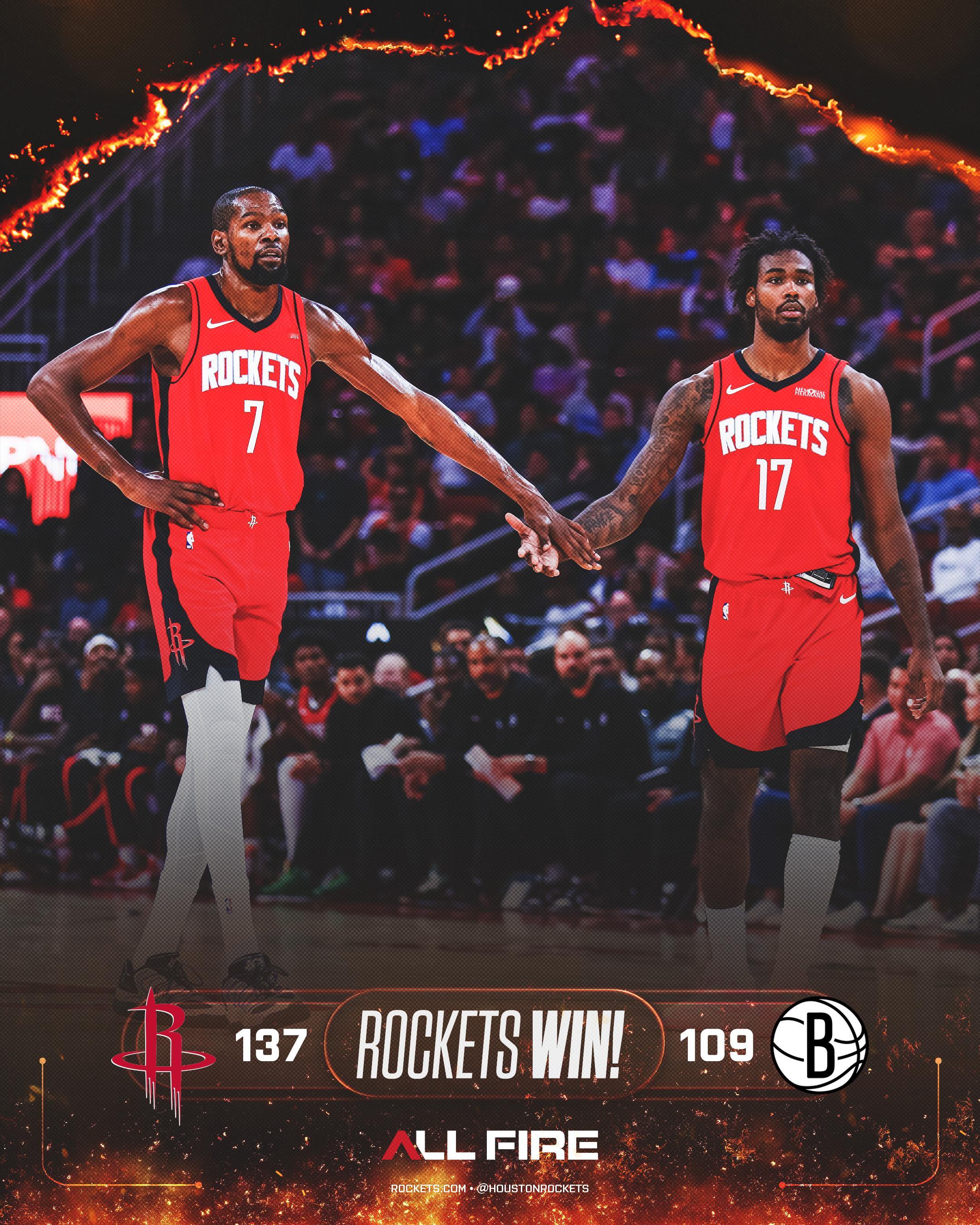 火箭战胜篮网杜兰特火箭首胜 火箭主场137-109大胜篮网，终于收获赛季首胜！申