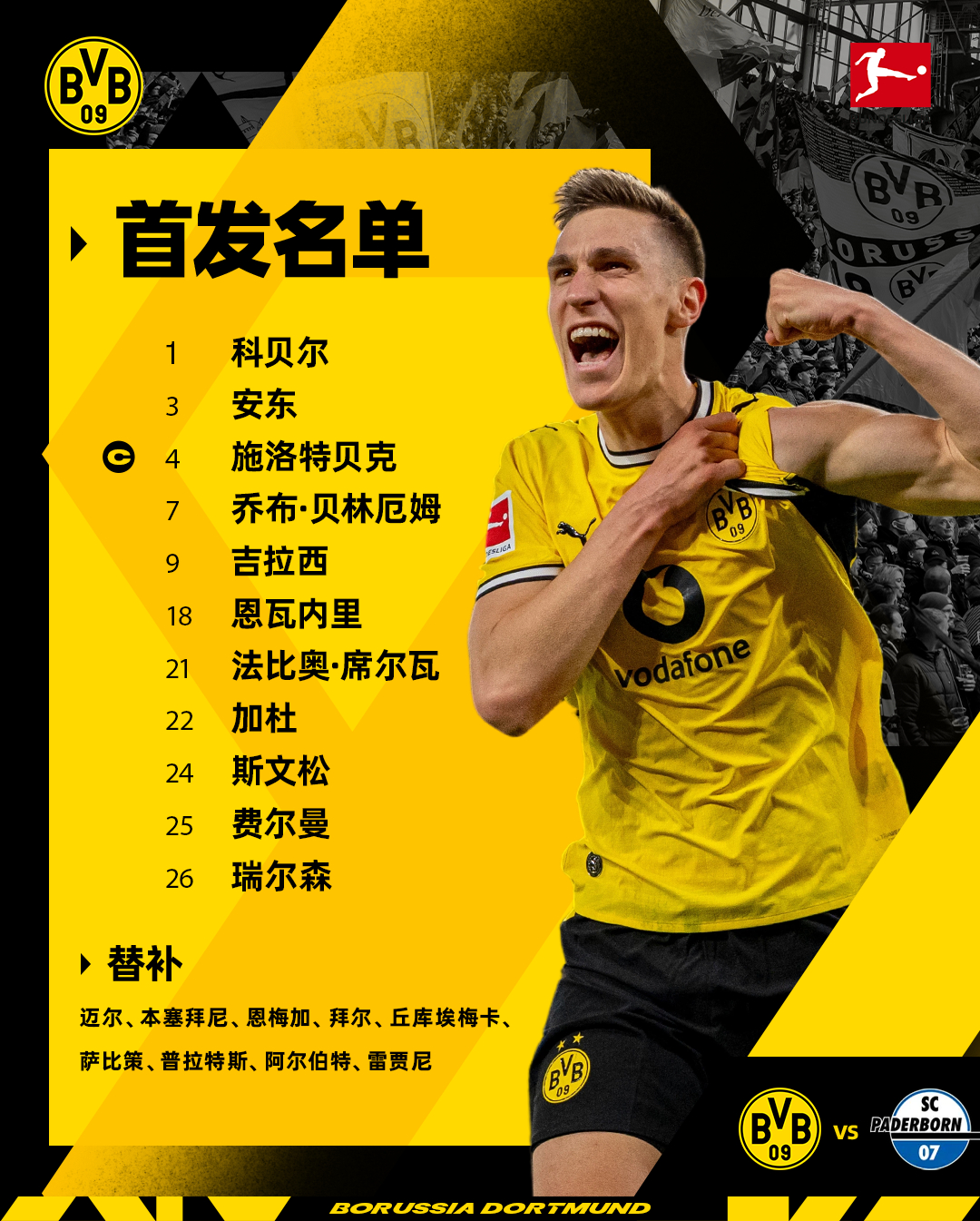 贝壳回来啦！替补吗？再看一眼！直接进首发！？对阵帕德博恩，首发名单出炉！【首发】