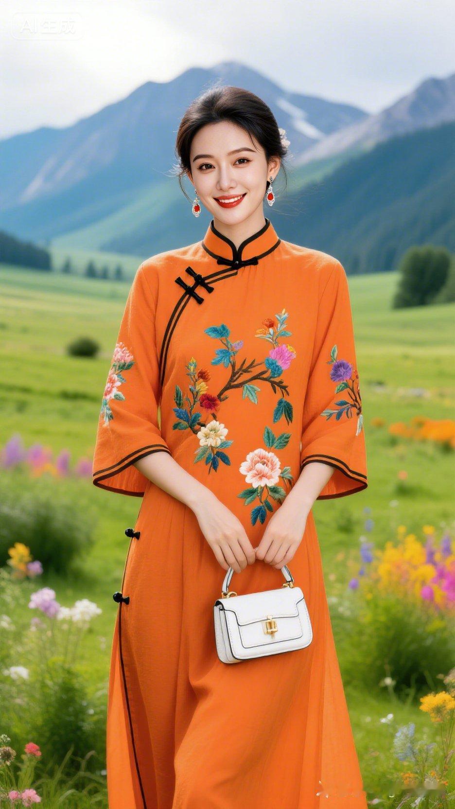 穿橙色旗袍，赏花田，感受传统与自然的完美融合！