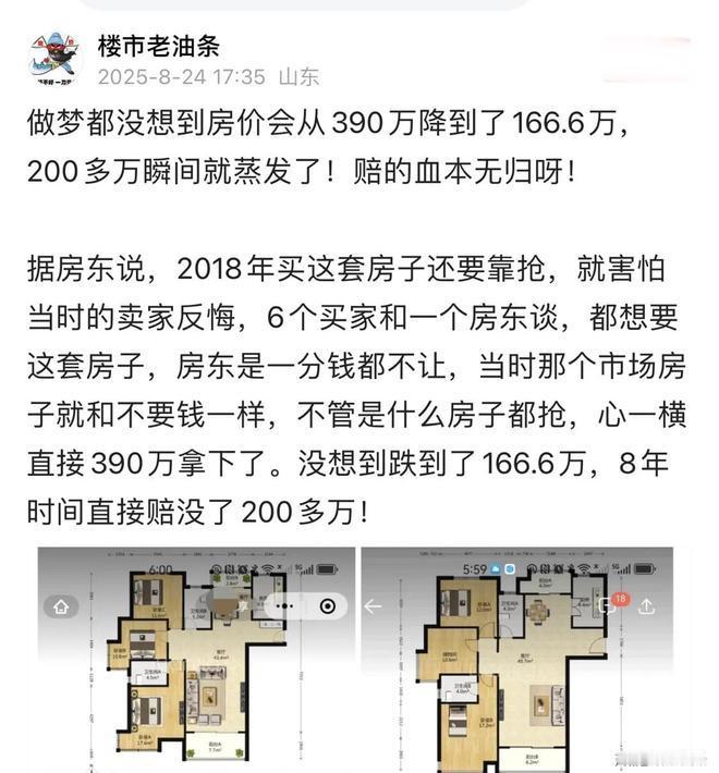 “血本无归！”近日有山东网友爆料，说自己做梦都没想到，买的房子从390万直接跌到